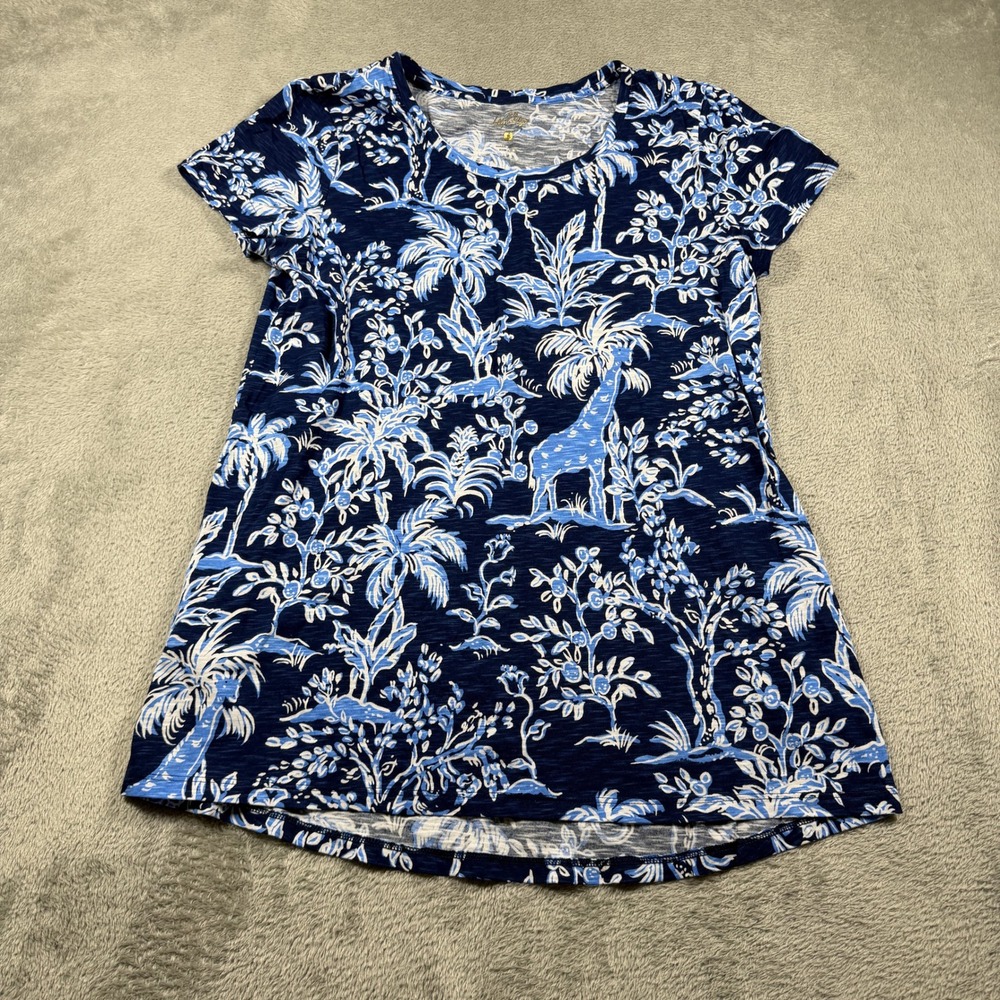 Lilly Pulitzer Etta Scoop Neck Tee Women Small Blue Giraffe Jungle Short Sleeve